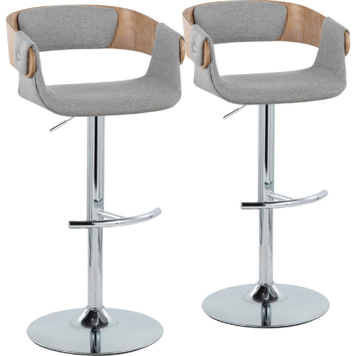 Elisa Adjustable Swivel Bar Stool in Chrome, White Washed Wood & Grey Fabric (Set of 2)